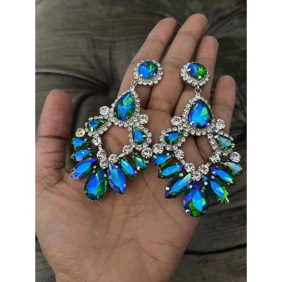 Big Blue green earrings large crystal chandelier rhinestone crystal 3.6” long - Picture 1 of 8